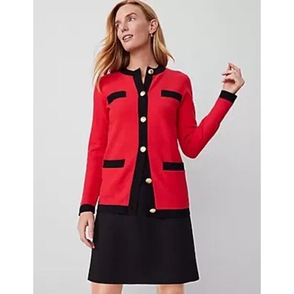 Ann Taylor Size L Contrast Trim Boyfriend Cardigan Red/Black Old Money Heritage - Picture 1 of 6